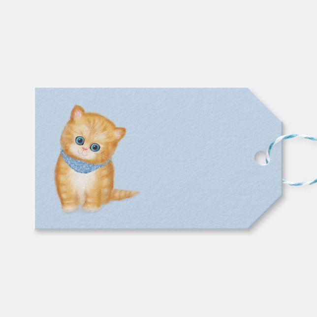 Cute ginger kitten blue gift tag (Front (Horizontal))
