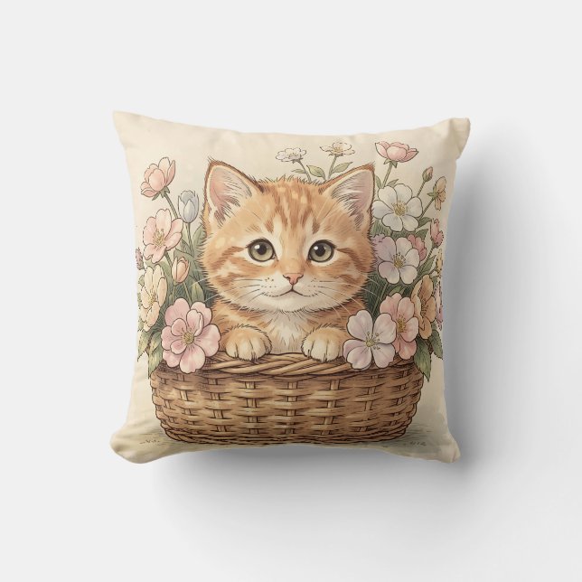 Cute Ginger Kitten Flower Basket Cushion (Front)