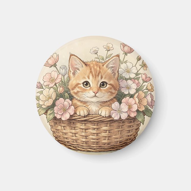 Cute Ginger Kitten Flower Basket Magnet (Front)