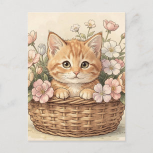 Cute Ginger Kitten Flower Basket Postcard