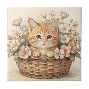 Cute Ginger Kitten Flower Basket Tile