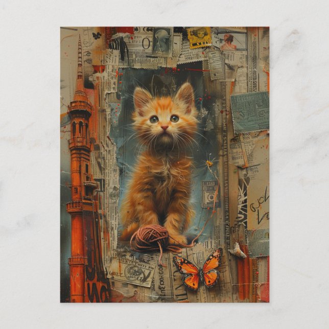Cute Ginger Kitten Mixed Media Collage Postcard (Front)