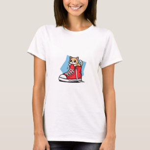 Cute Ginger Kitten Peeking Out of a Red High-top S T-Shirt