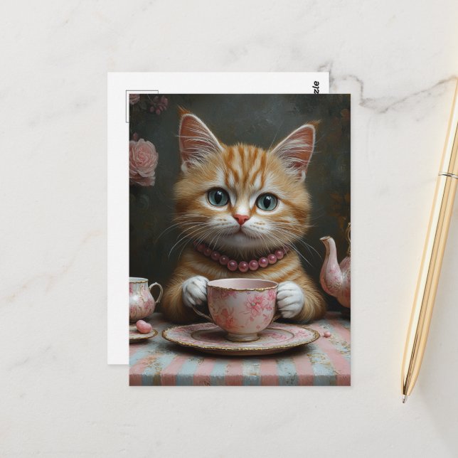 Cute Ginger Kitty in Pink Pearls at Tea Postcard (Front/Back In Situ)