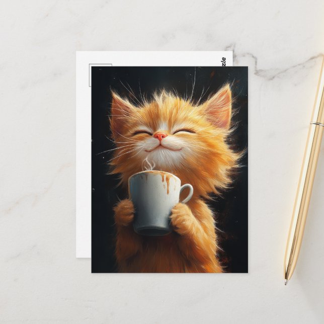 Cute Ginger Kitty With a Coffee Postcard (Front/Back In Situ)