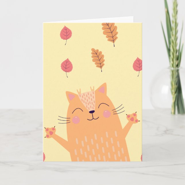 Cute Ginger Orange Cat Playing in Autumn Leaves Card (Front)