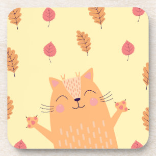 Cute Ginger Orange Cat Playing in Autumn Leaves Coaster