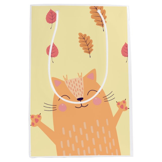 Cute Ginger Orange Cat Playing in Autumn Leaves Medium Gift Bag (Front)