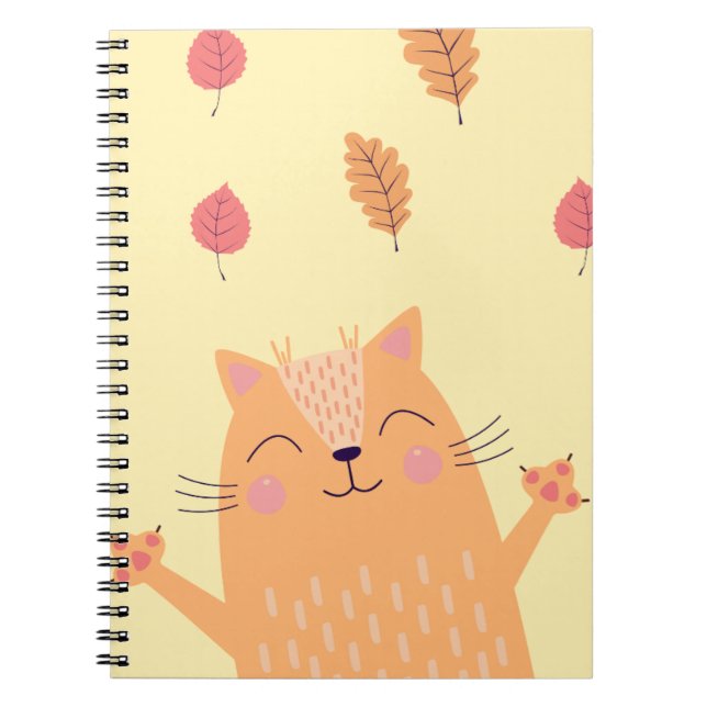 Cute Ginger Orange Cat Playing in Autumn Leaves Notebook (Front)