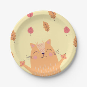 Cute Ginger Orange Cat Playing in Autumn Leaves Paper Plate