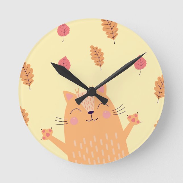 Cute Ginger Orange Cat Playing in Autumn Leaves Round Clock (Front)