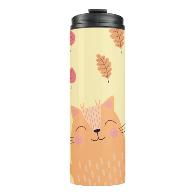 Cute Ginger Orange Cat Playing in Autumn Leaves Thermal Tumbler (Front)