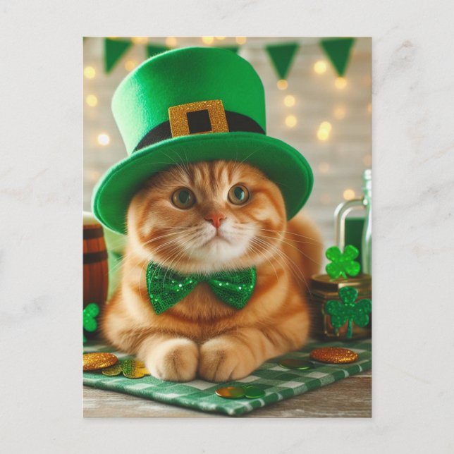 Cute Ginger Saint Patricks Day Cat Postcard (Front)