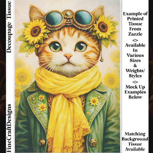 Cute Ginger Sunflower Steampunk Cat FE6 Decoupage Tissue Paper