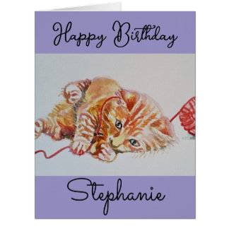 Cute Ginger Tabby Cat Playing Wool Birthday Card