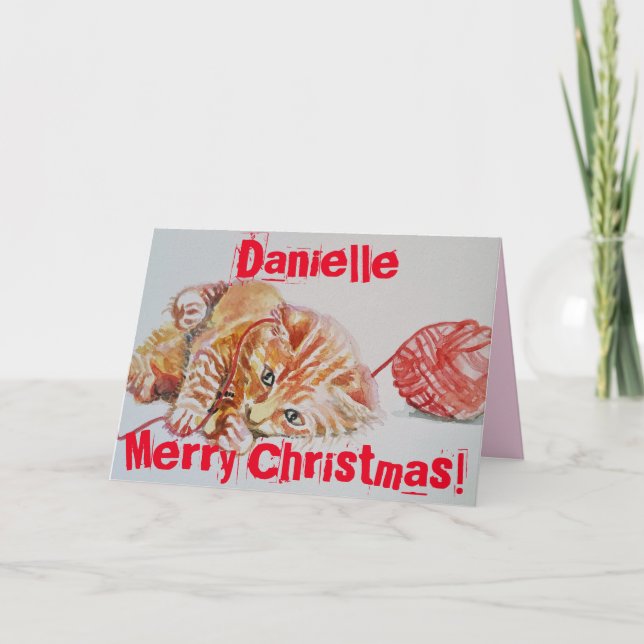 Cute Ginger Tabby Cat Playing Wool Christmas Card (Front)