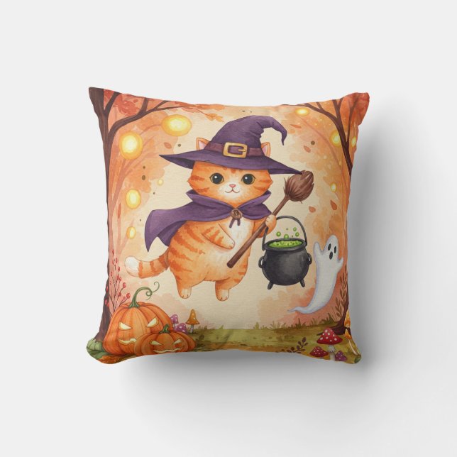 Cute Ginger Witch Cat Halloween Pillow (Front)