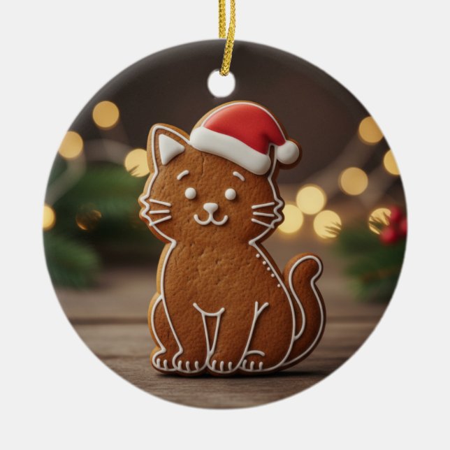 Cute Gingerbread Cat Cookie Christmas  Ceramic Tree Decoration (Front)