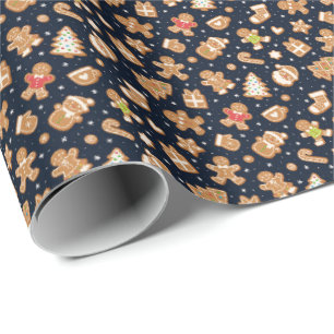 Cute Gingerbread Christmas Navy Festive Wrapping Paper