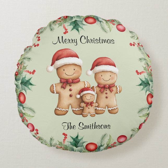 Cute Gingerbread Cookie Family Christmas Round Cushion (Front)