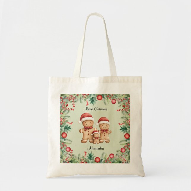 Cute Gingerbread Cookie Family Christmas Tote Bag (Front)