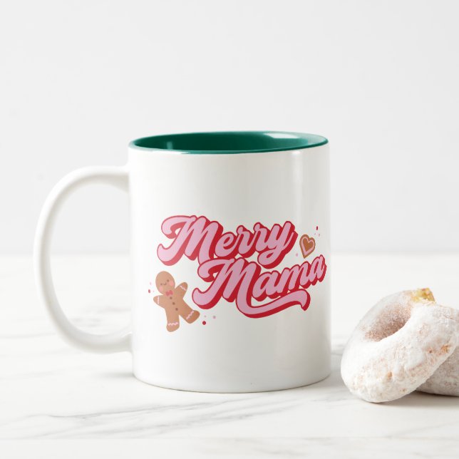 Cute Gingerbread Cookie Merry Mama Christmas Two-Tone Coffee Mug (With Donut)