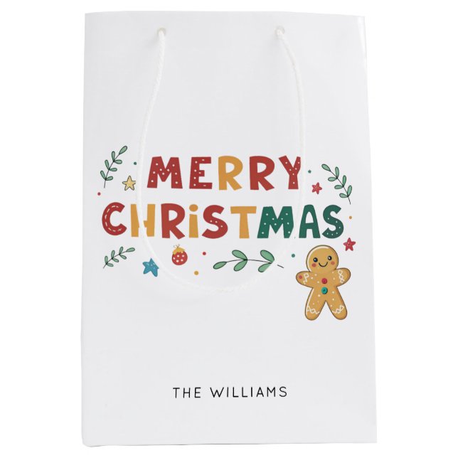 Cute Gingerbread Cookie Personalised Christmas Medium Gift Bag (Front)