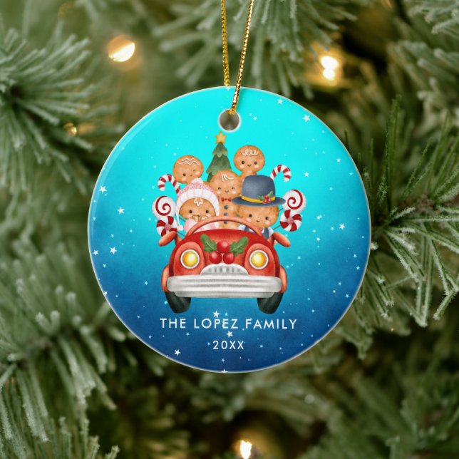 Cute Gingerbread Family of 5 in Red Car  Ceramic Tree Decoration (Tree)