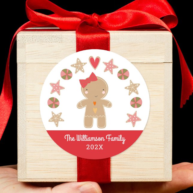 Cute Gingerbread Girl Christmas Holiday Cookie Red Classic Round Sticker (Creator Uploaded)