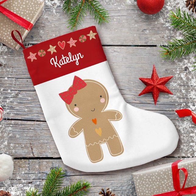 Cute Gingerbread Girl Holiday Cookie Border Name Small Christmas Stocking (Creator Uploaded)