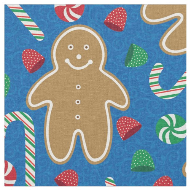 Cute Gingerbread Gumdrops Candy Cane on Blue Fabric (Close Up)