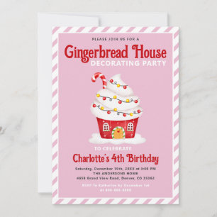 Cute Gingerbread House Candy Cane Pink Birthday Invitation