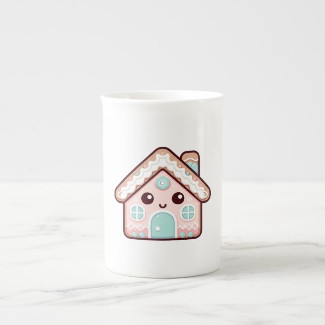 Cute Gingerbread House Cartoon Illustration Bone China Mug (Front)