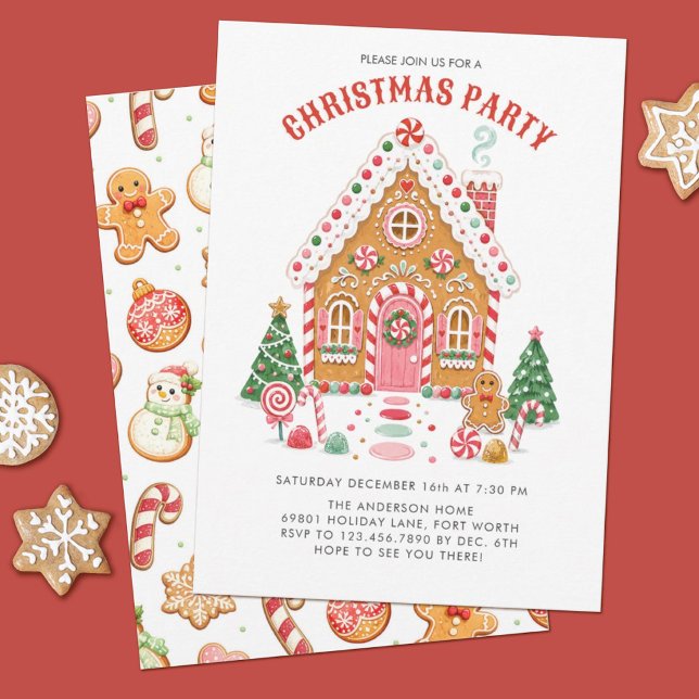 Cute Gingerbread House Christmas Party Invitation (A cute Christmas gingerbread house party invitation for the holidays. Personalize it with your info)