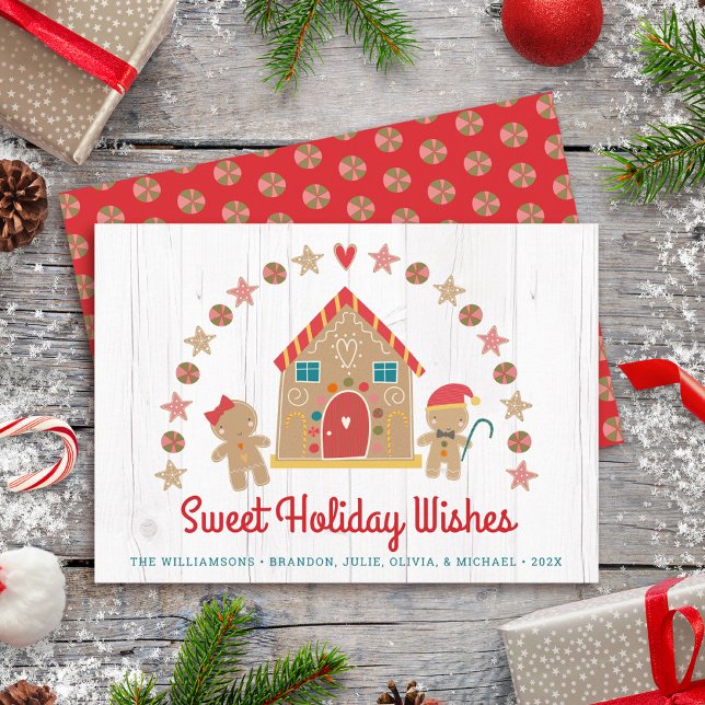 Cute Gingerbread House Sweet Wishes Rustic Wood Holiday Card (Choose from 3 colors!)