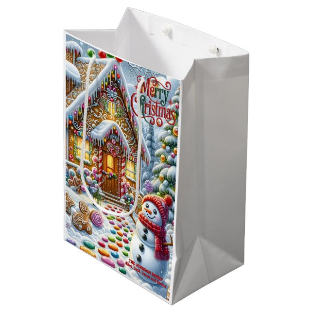 Cute Gingerbread House with Snowman Christmas Medium Gift Bag (Front Angled)
