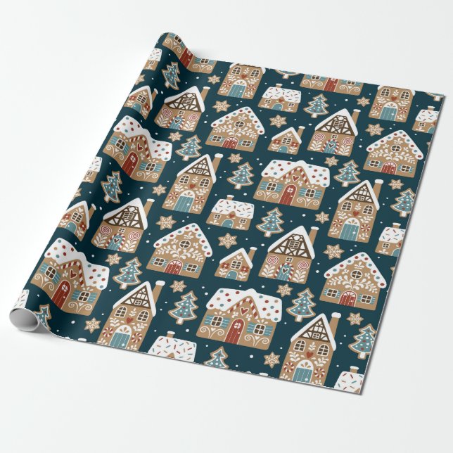 Cute Gingerbread Houses Christmas Wrapping Paper (Unrolled)