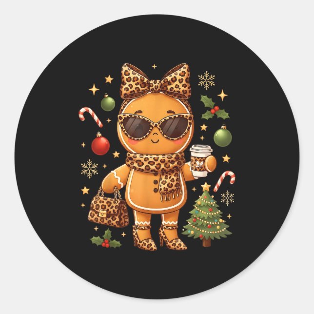 Cute Gingerbread Leopard Christmas Xmas Girl Women Classic Round Sticker (Front)