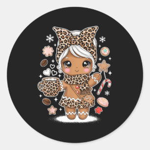 Cute Gingerbread Leopard Christmas Xmas Girl Women Classic Round Sticker