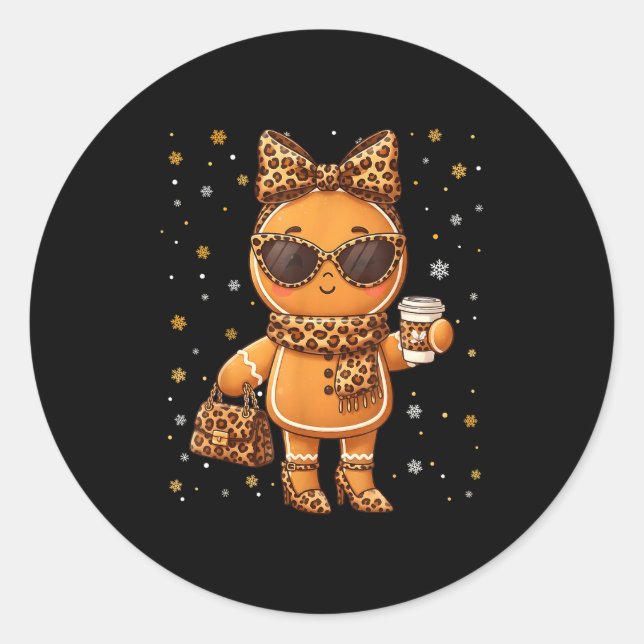 Cute Gingerbread Leopard Christmas Xmas Girl Women Classic Round Sticker (Front)