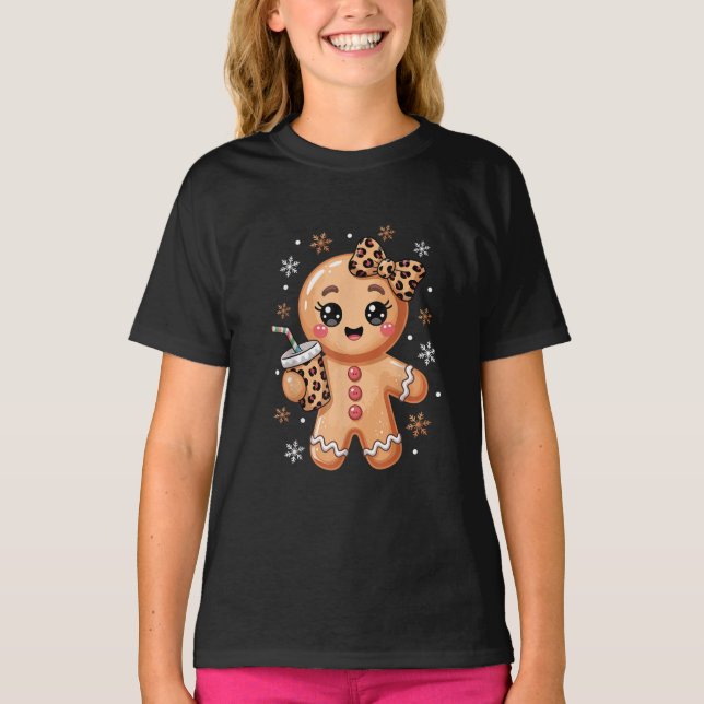 Cute Gingerbread Leopard Coquette Bow Christmas T-Shirt (Front)