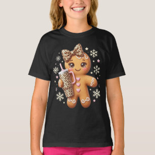 Cute Gingerbread Leopard Coquette Christmas Girls T-Shirt