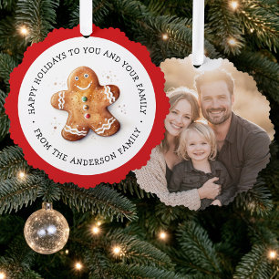 Cute gingerbread man and photo happy holidays tree decoration card