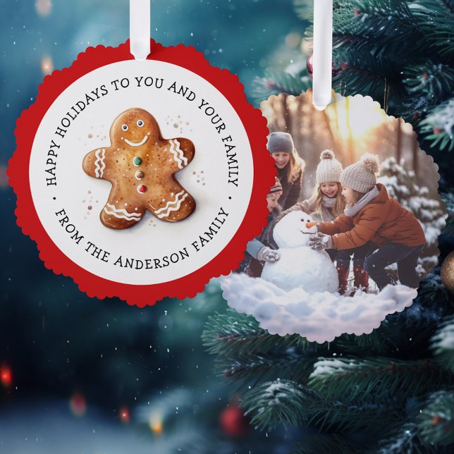 Cute gingerbread man and photo happy holidays tree decoration card (Cute gingerbread man and photo happy holidays ornament card)