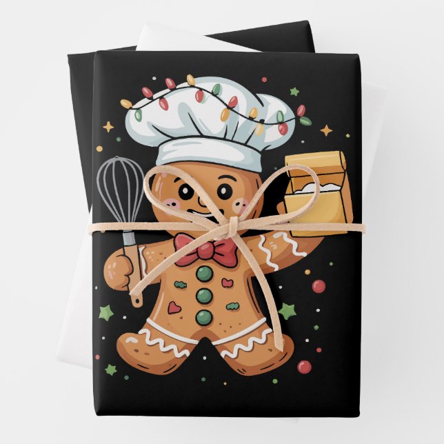 Cute Gingerbread Man Baker Christmas Chef Bake  Wrapping Paper Sheet (In situ)