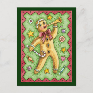 Cute Gingerbread Man Blowing Horn, Christmas Candy Holiday Postcard