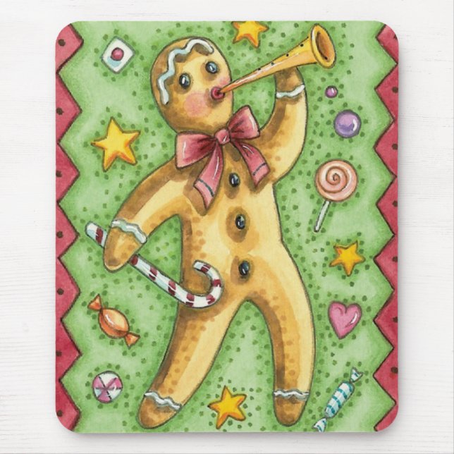 Cute Gingerbread Man Blowing Horn, Christmas Candy Mouse Pad (Front)
