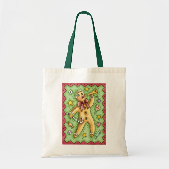 Cute Gingerbread Man Blowing Horn, Christmas Candy Tote Bag (Front)