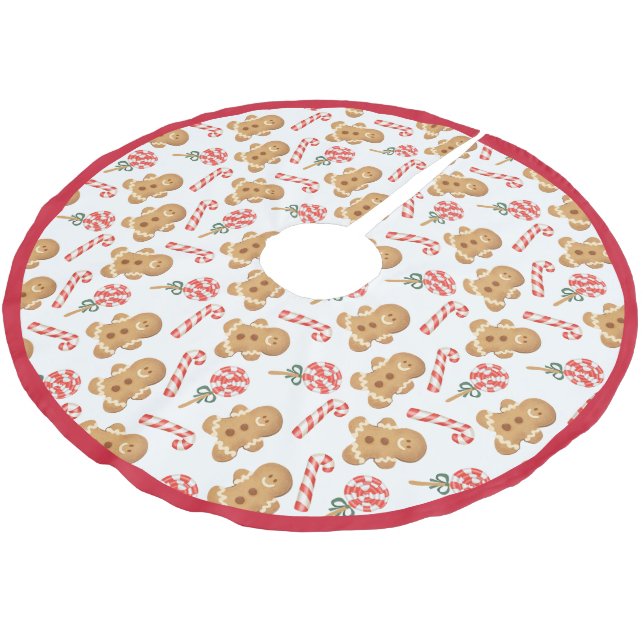 Cute Gingerbread Man Candy Canes Holiday Pattern Brushed Polyester Tree Skirt (Angled)