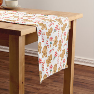 Cute Gingerbread Man Candy Canes Holiday Pattern Short Table Runner